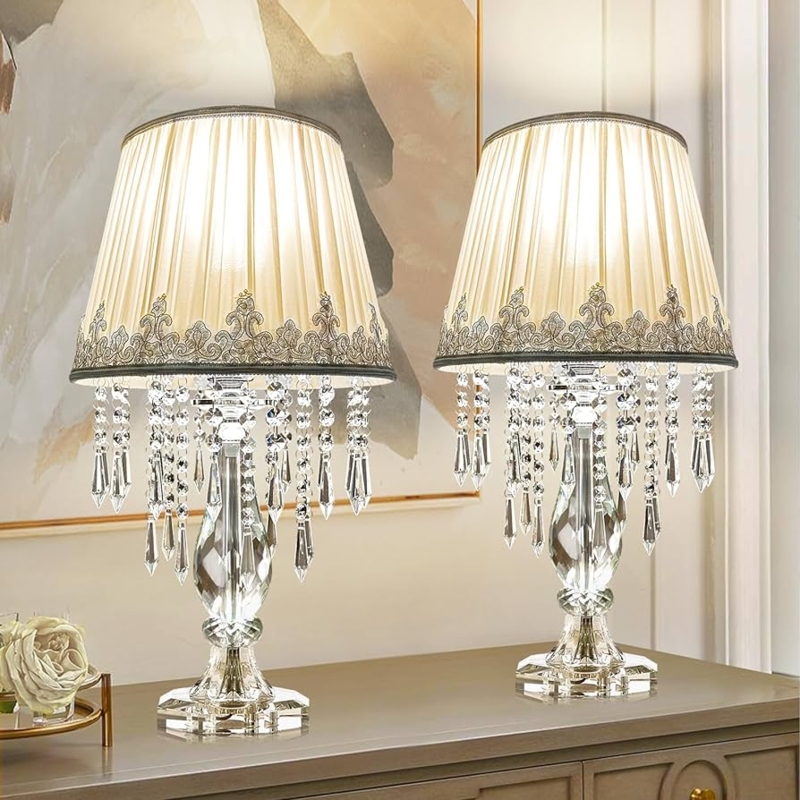 Table Lamp Set Crystal Strands Polished Metal - glam nightstand lamp pair
