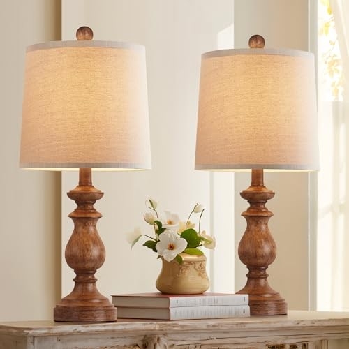 Table Lamp Set Dark Wood Grain Urn Bases Rustic Farmhouse Lighting
