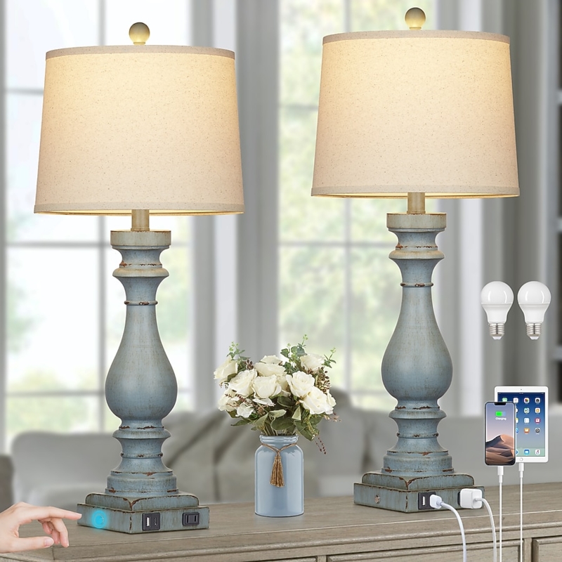 Table Lamp Set, Distressed Blue, Urn Base, Linen Shade