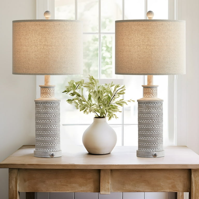 Table Lamp Set, Distressed Charcoal Urn Base, USB Port, Vintage Style