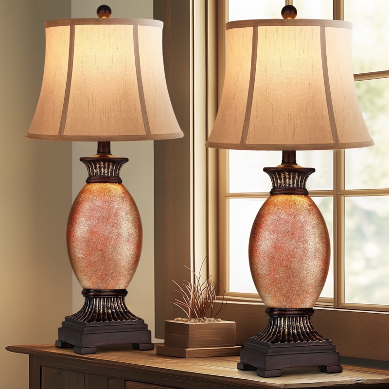 Table Lamp Set, Distressed Cream Urn Base, 29-Inch Tall, Antique Style