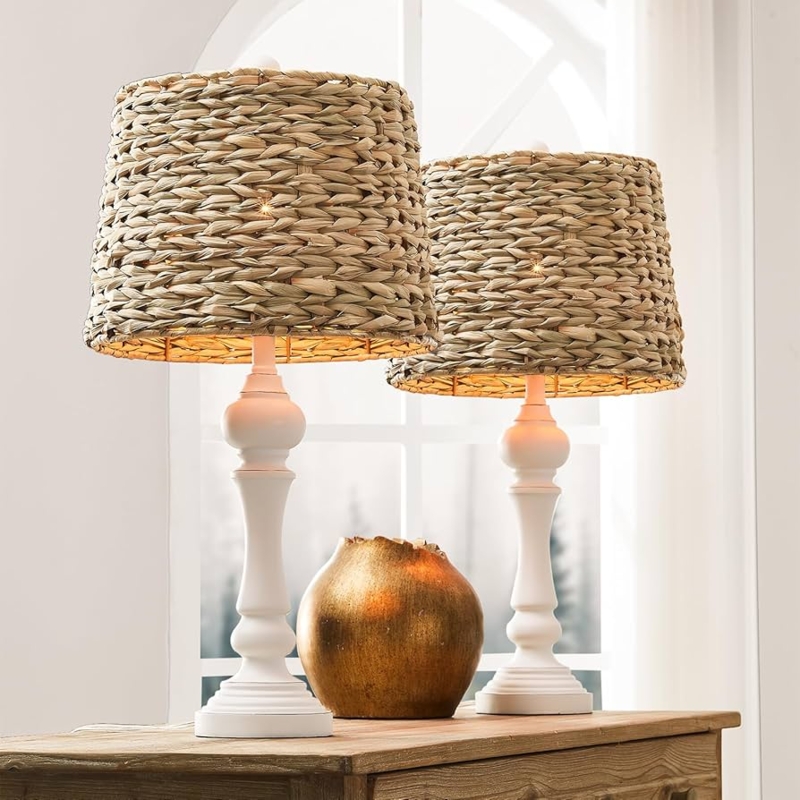 Table Lamp Set Distressed Urn Base Woven Rattan Shade Farmhouse Style