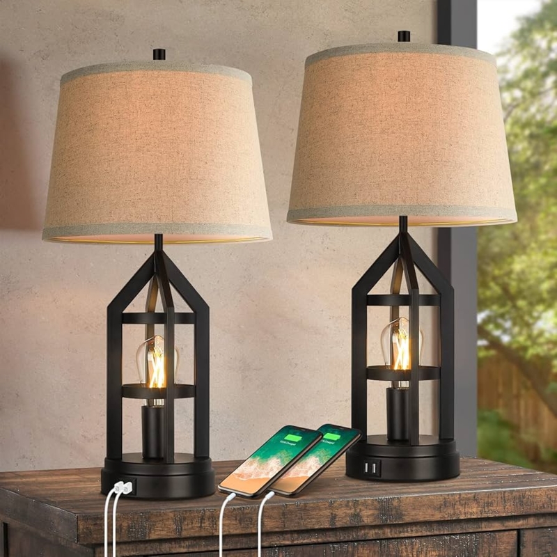 Table Lamp Set Distressed Wood Finish Black Cage Rustic Farmhouse Lighting