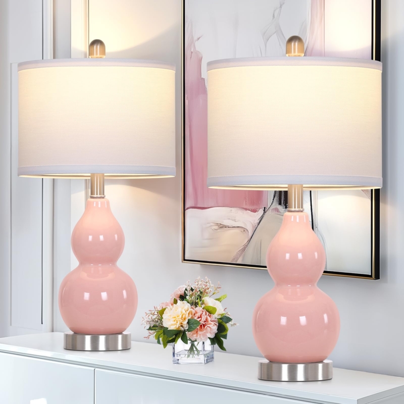 Table Lamp Set Double Gourd Blush Pink Ceramic Glossy Contemporary
