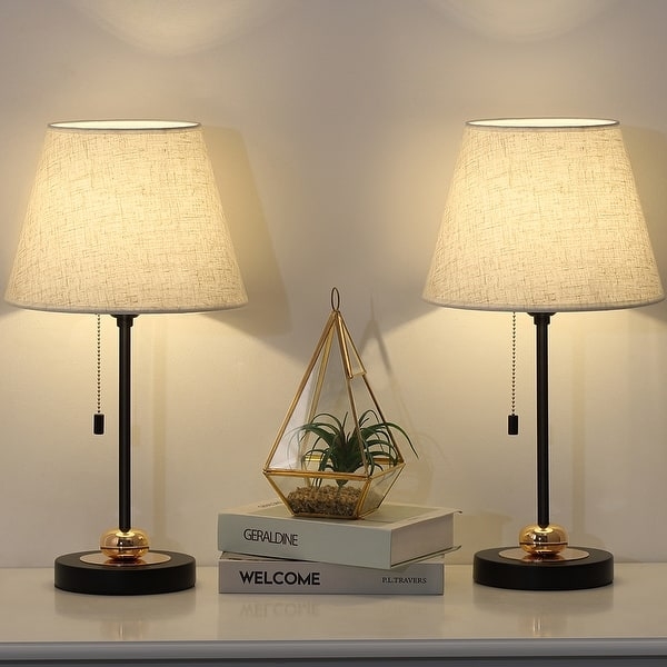 Table Lamp Set Elegant White Marble Accent Gold Base