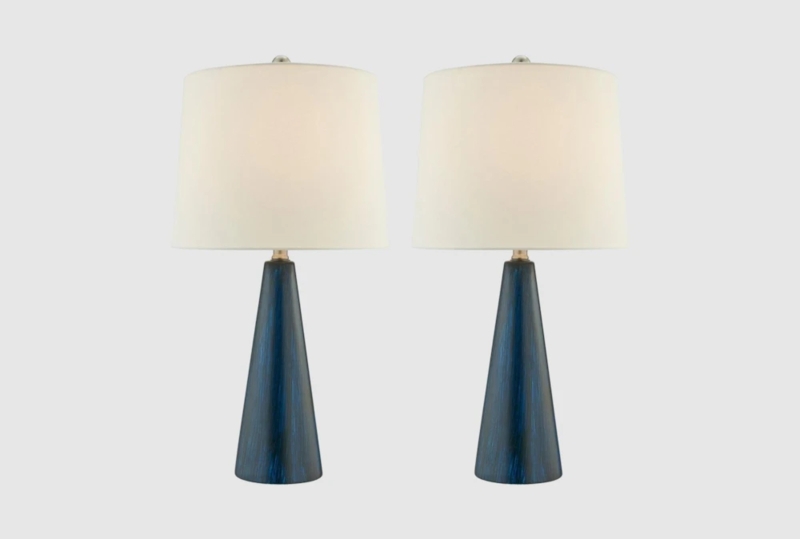 Table Lamp Set Faceted Cone Base Navy Blue Ceramic Glossy Finish