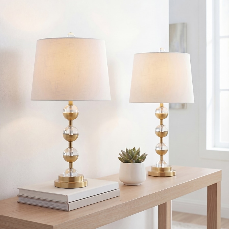 Table Lamp Set, Faceted Crystal Column Base, Gold Accents, Drum Shade
