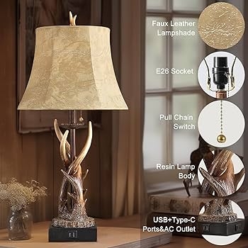 Table Lamp Set Farmhouse Antler Base Brown Faux Leather Bell Shades