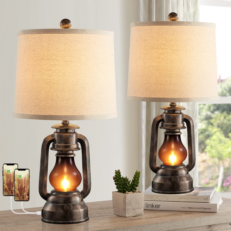 Table Lamp Set: Farmhouse Lantern Base, Black Metal with USB Ports