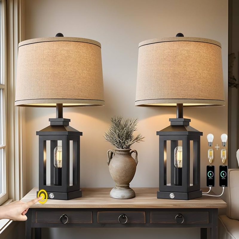Table Lamp Set: Farmhouse Lantern Base with Integrated Nightlight