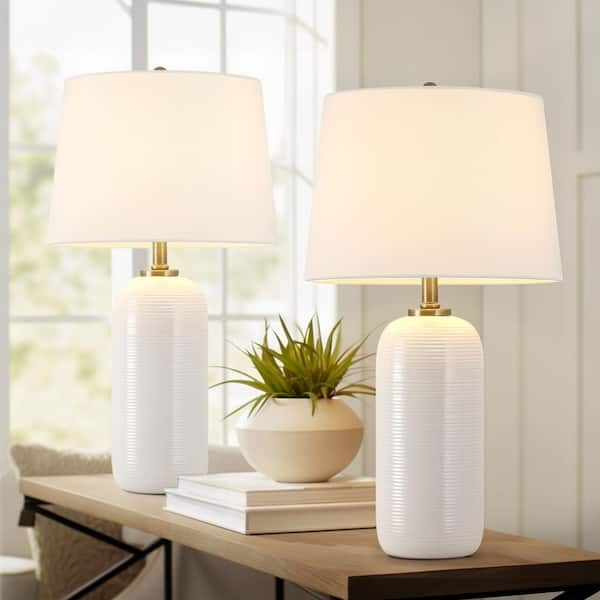 Table Lamp Set featuring All-White Palette and Ribbed Ceramic Base