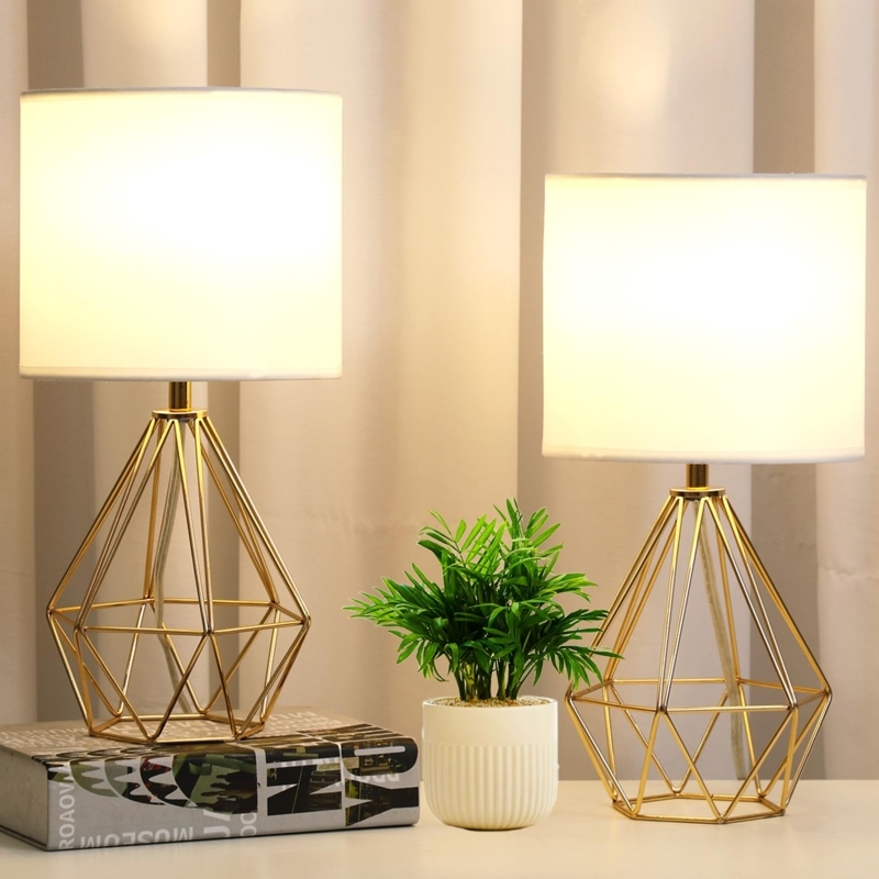 Table Lamp Set featuring Geometric Wire Base and White Shades