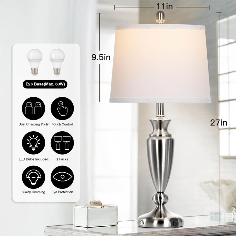 Table Lamp Set featuring USB Ports, Brushed Nickel Bedside Lighting