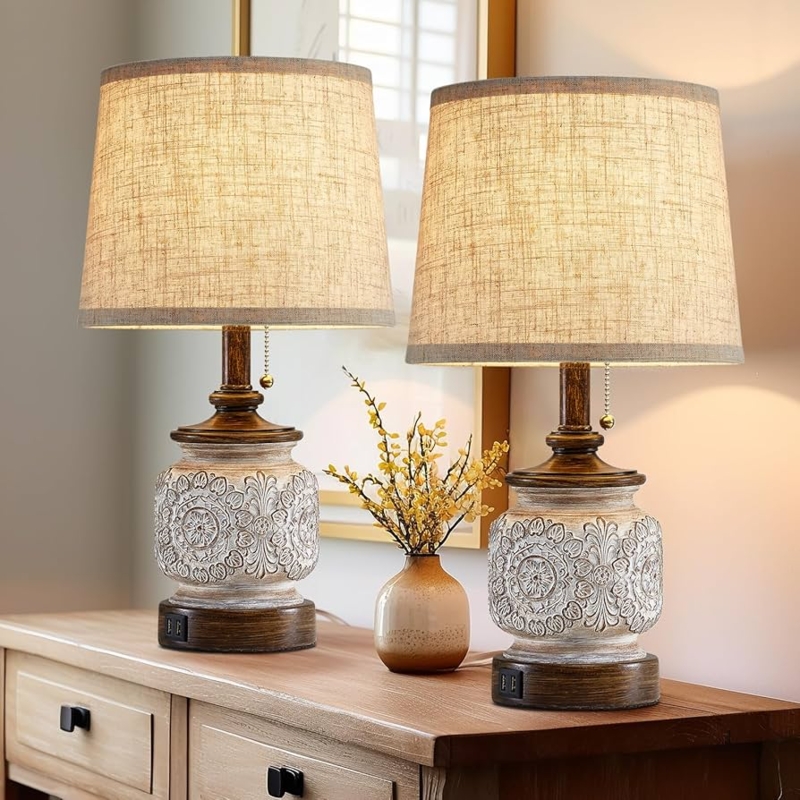 Table Lamp Set Floral Carved Base USB Port Farmhouse Bedside Lighting