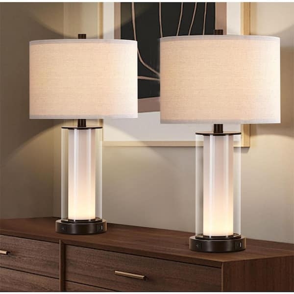 Table Lamp Set: Glass Cylinder Base with Internal Nightlight and Bronze.