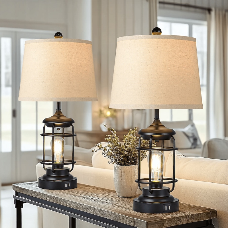 Table Lamp Set Glass Lantern Base Dual Light Farmhouse Lighting