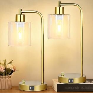 Table Lamp Set Gold Finish Clear Glass Shade Stepless Dimmer USB