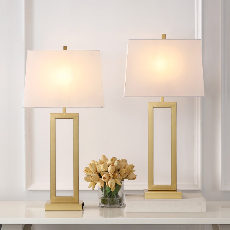 Table Lamp Set Gold Open Frame Base Rectangular Shades