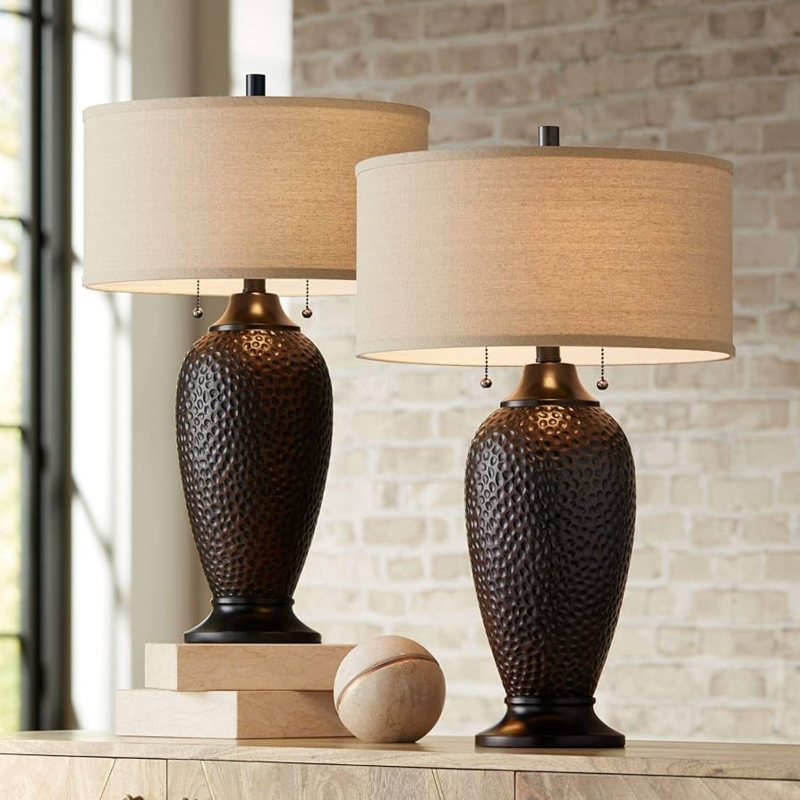 Table Lamp Set: Hammered Bronze Industrial Rustic Lamps.
