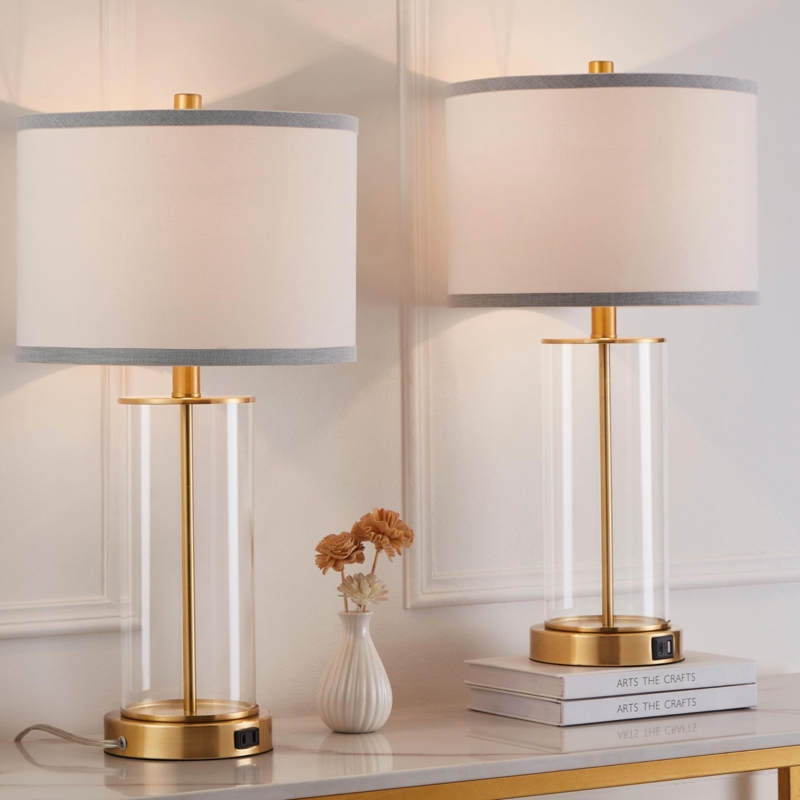 Table Lamp Set: Hammered Gold Glass with Charging Base for Glam Bedroom