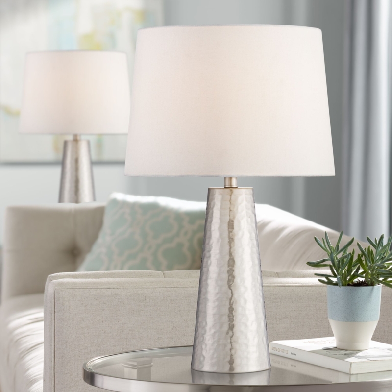 Table Lamp Set Hammered Metal Cylinder Base Silver Leaf Finish White Shade