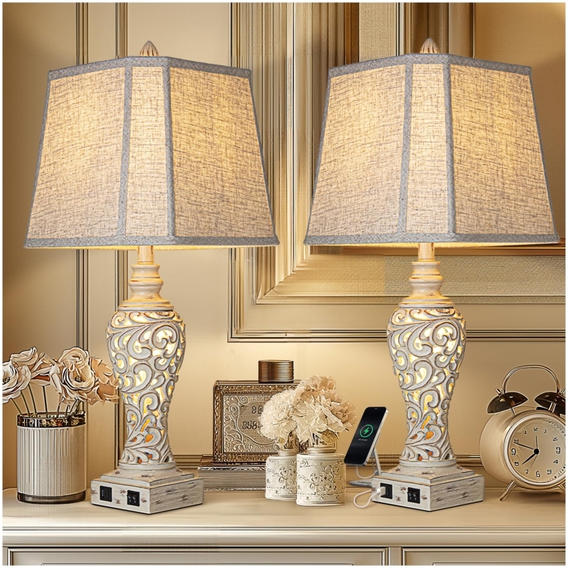 Table Lamp Set Hourglass Base Brushed Silver Integrated Nightlight