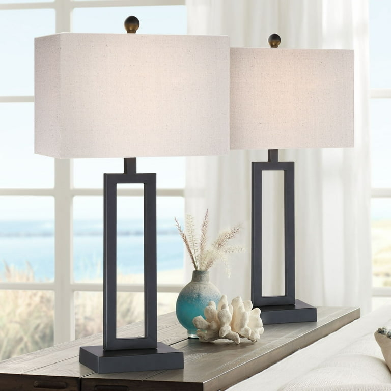 Table Lamp Set Hourglass Openwork Base Black Metal Drum Shades