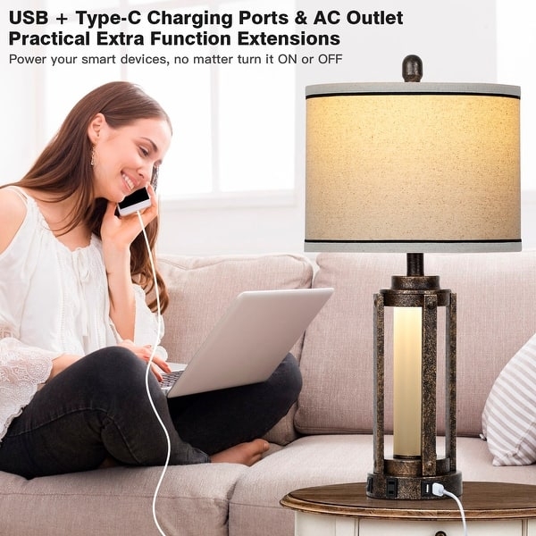 Table Lamp Set Indigo Glass Base Nightlight USB AC Ports