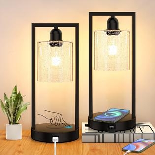 Table Lamp Set Industrial Black Metal Clear Glass Shade Bedside Lamps