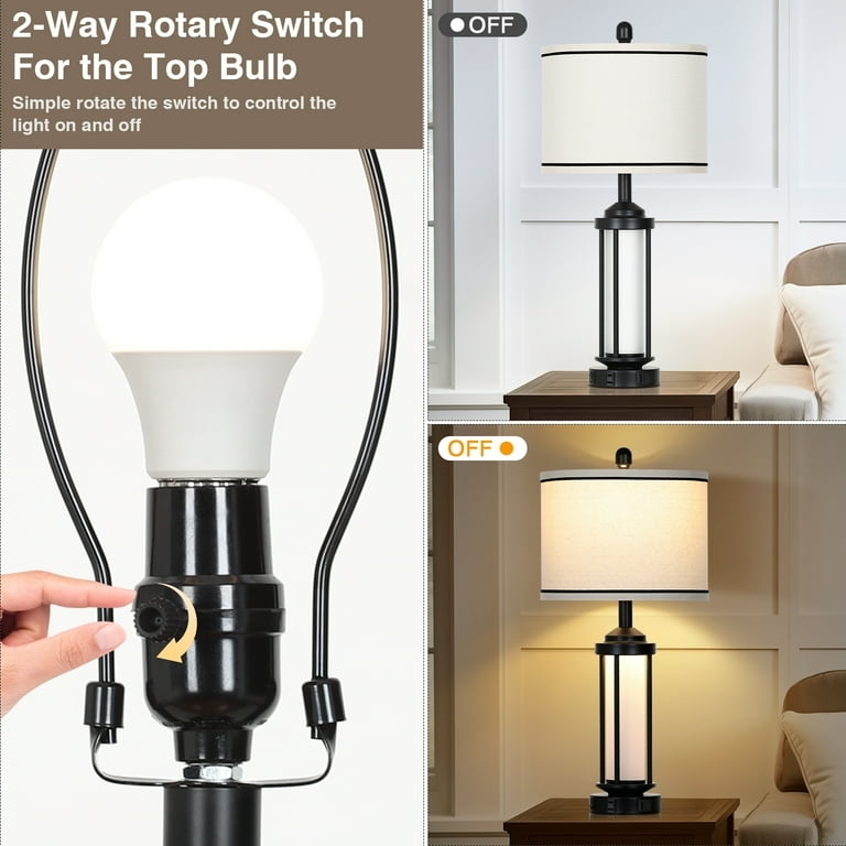 Table Lamp Set Industrial Frame Glass Cylinder Shades USB Port