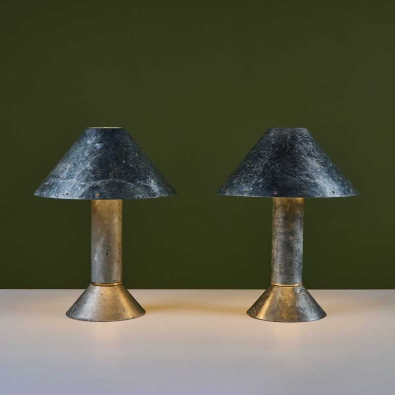 Table Lamp Set Industrial Galvanized Metal Conical Shade Mottled Texture