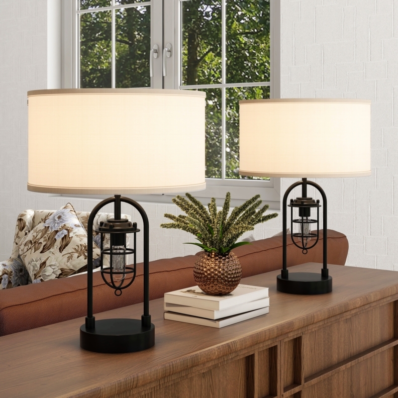 Table Lamp Set Industrial Mesh Base with Nightlight
