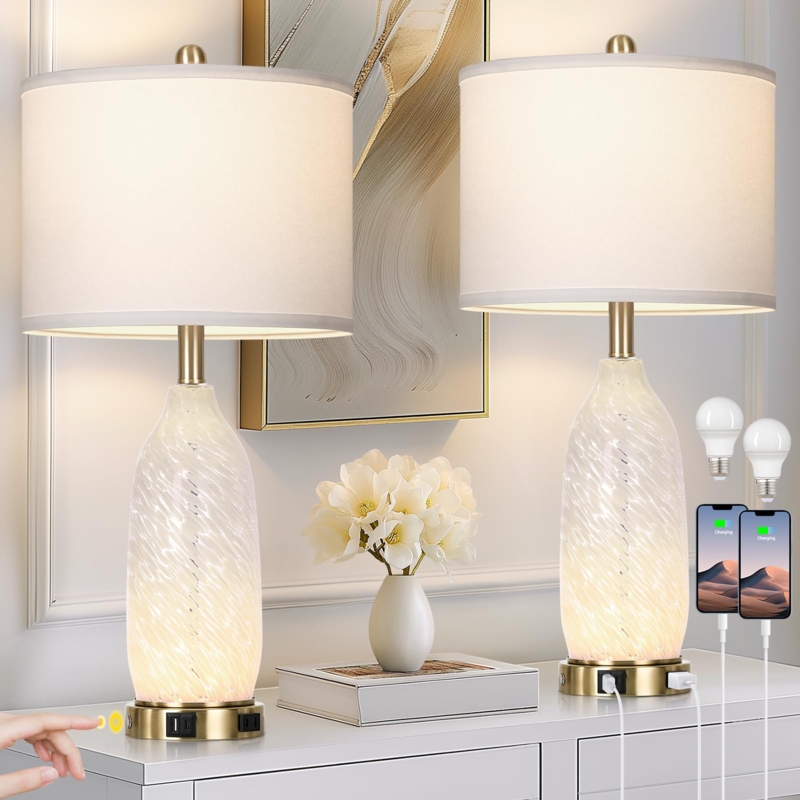 Table Lamp Set Integrated USB Charging Ports Clear Glass Base