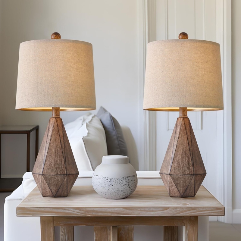 Table Lamp Set Matching Pair Wood Grain Tapered Shade