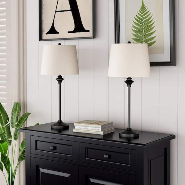 Table Lamp Set, Matte Black Candlestick Base, Off-White Drum Shades