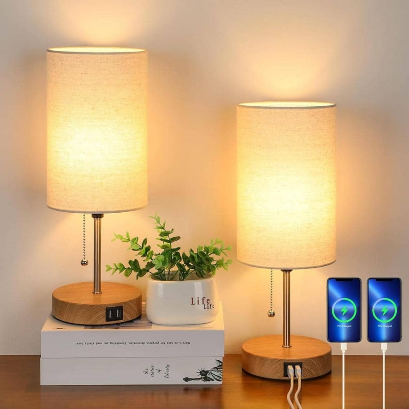 Table Lamp Set Matte Black Cream Shade USB Ports Scandinavian Bedside