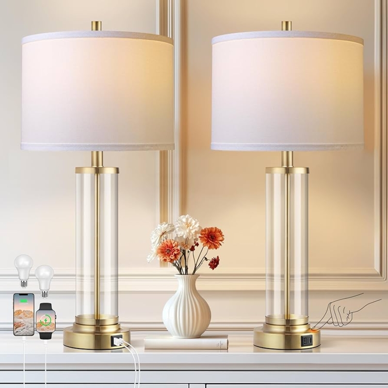 Table Lamp Set Matte Black Cylindrical Base Bedside Charging Lamps