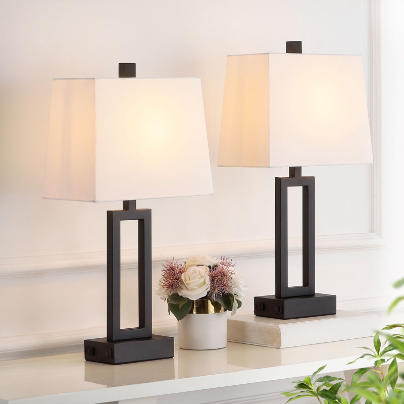 Table Lamp Set Matte Black Finish Dual Charging Ports