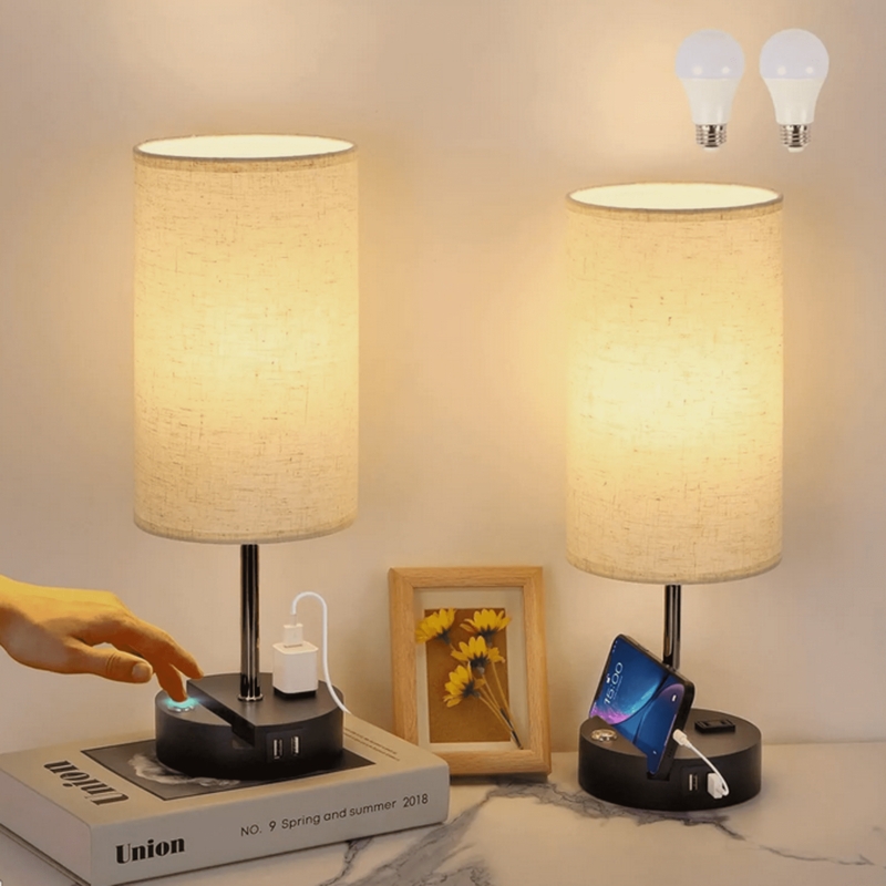 Table Lamp Set Matte Black Finish USB Charging Port Minimalist Desk