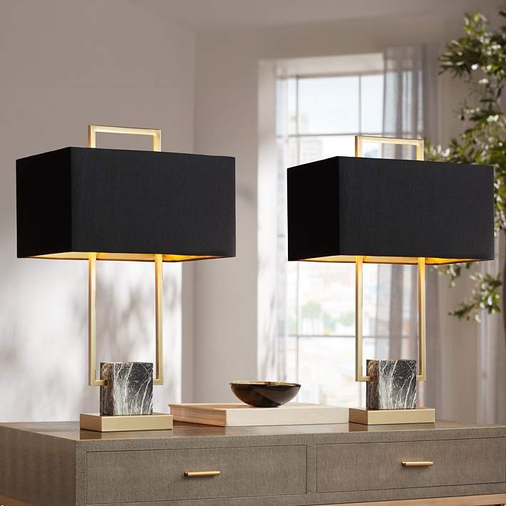 Table Lamp Set Matte Black Teardrop Body Gold Accents Drum Shades