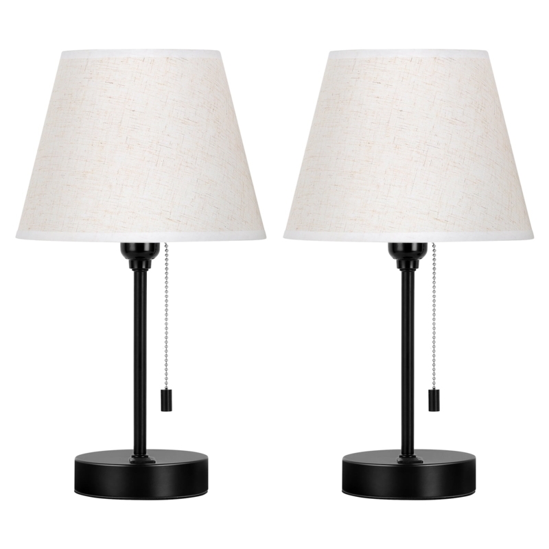 Table Lamp Set Matte Black USB Charging Base Grey Fabric Shade