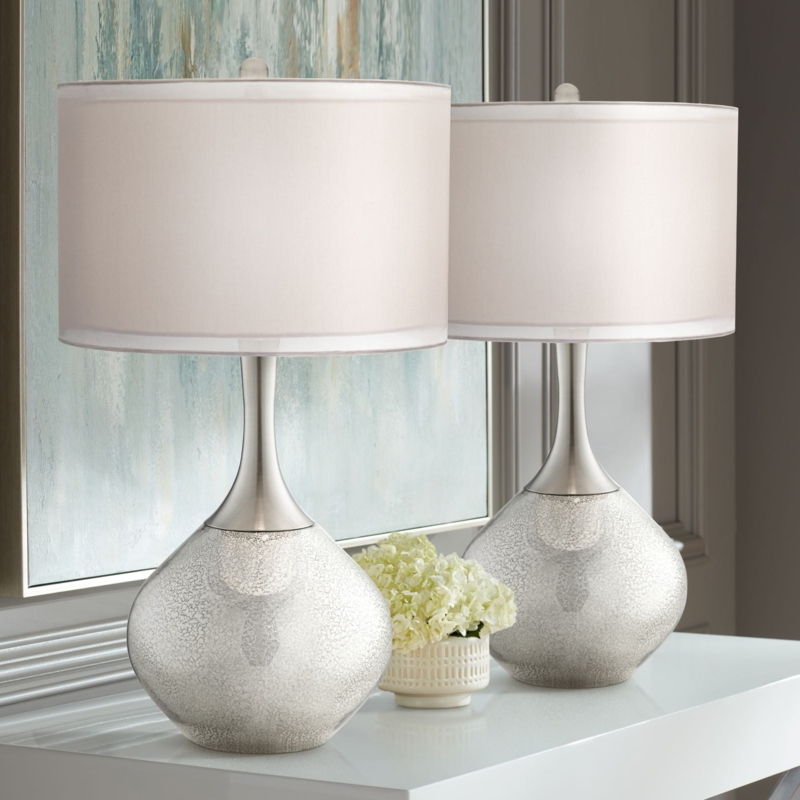 Table Lamp Set Mercury Glass Double Sheer Drum Shade Lamps