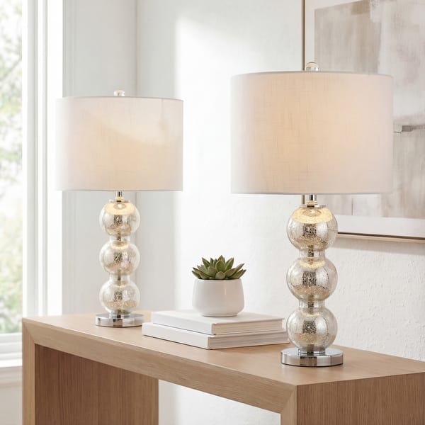 Table Lamp Set Mercury Glass Triple Stacked Spheres Glam