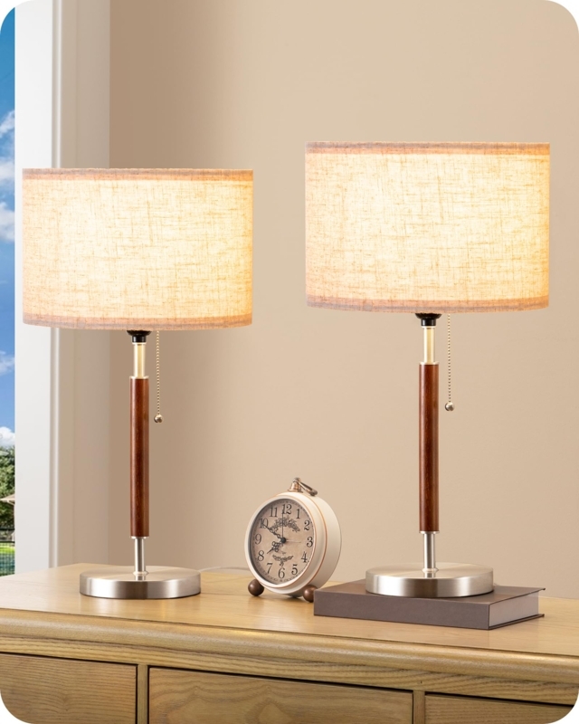 Table Lamp Set Mid Century Bedside Lighting, Tapered Wood Base