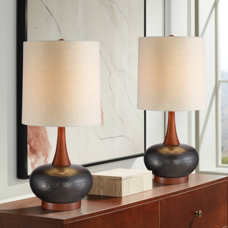 Table Lamp Set Mid Century Hammered Brown Texture Double Pull Chains