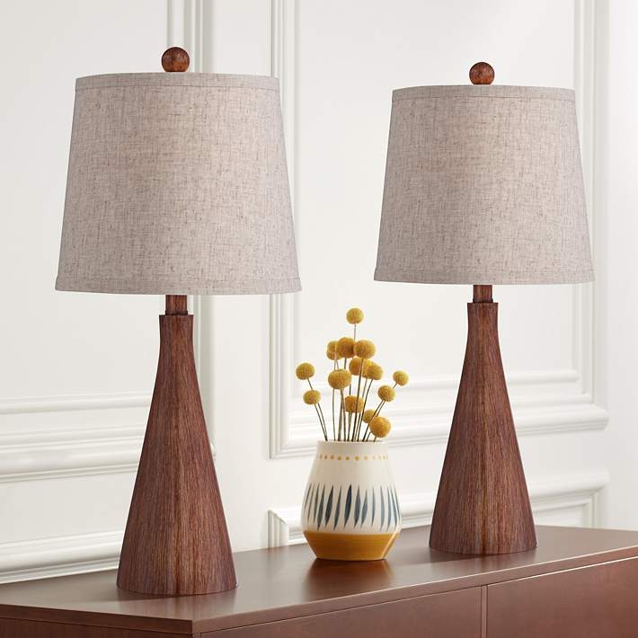 Table Lamp Set Mid-Century Modern Conical Wood Grain
