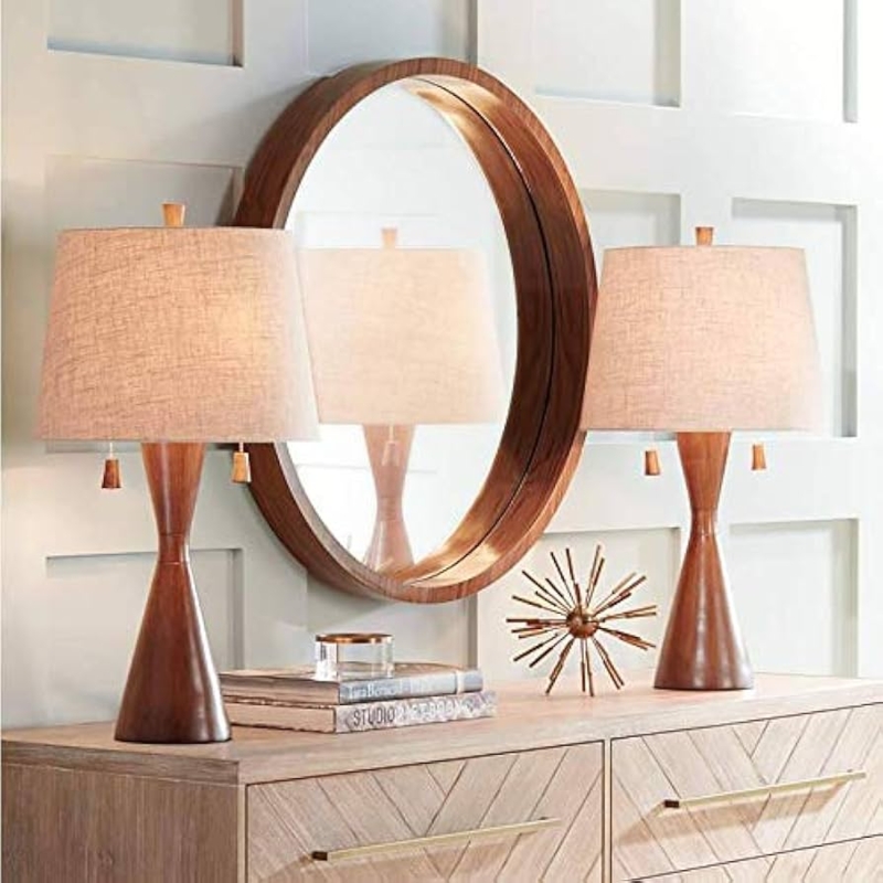 Table Lamp Set Mid Century Tripod Lamps, Oatmeal Tapered Drum Shade