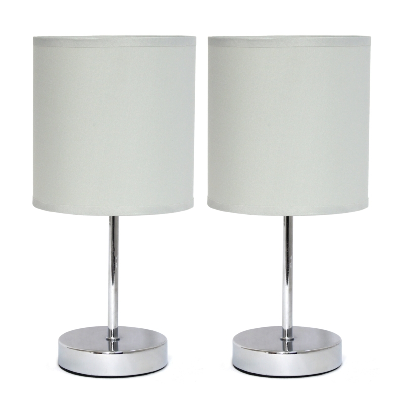 Table Lamp Set Mini Chrome Base Slate Gray Fabric Shades