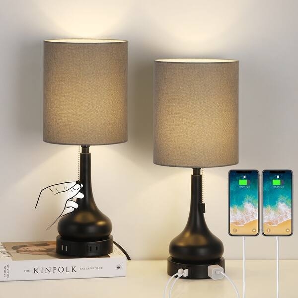 Table Lamp Set Minimalist Matte Black Base Integrated Charging Ports