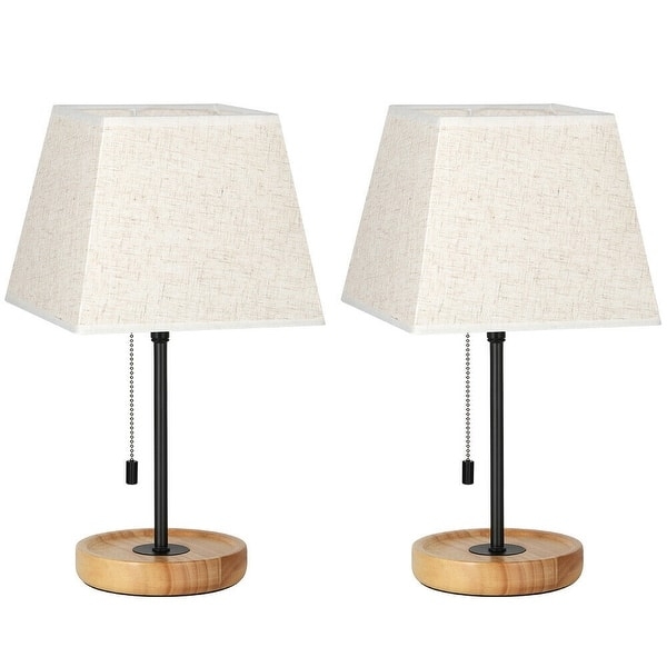 Table Lamp Set Minimalist Wood Base White Drum Shade Pull Chain